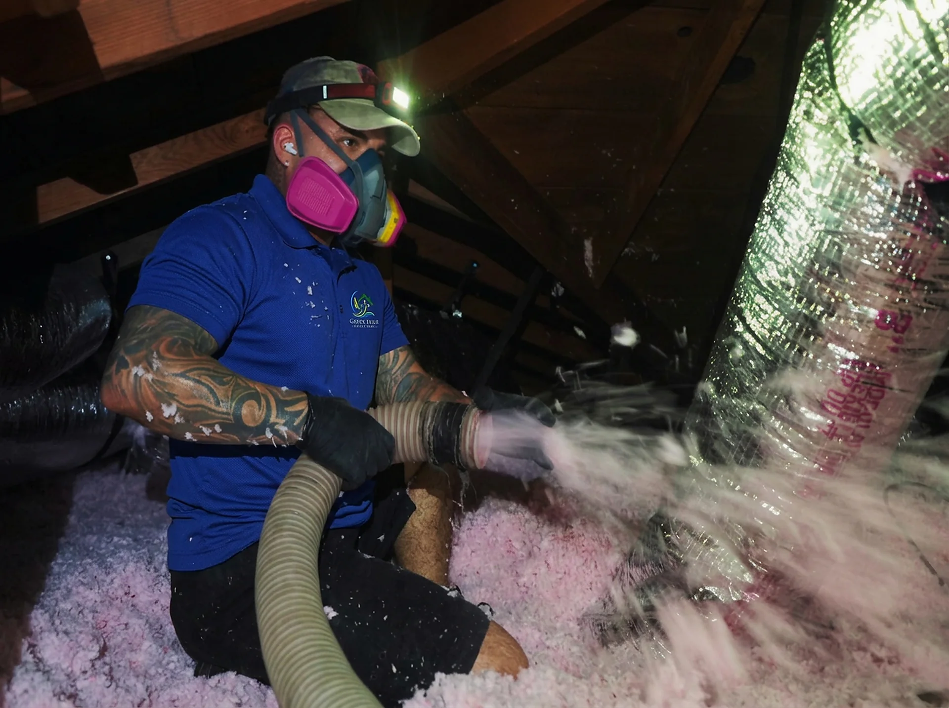 Green Faith Solutions installer applying blown-in attic insulation